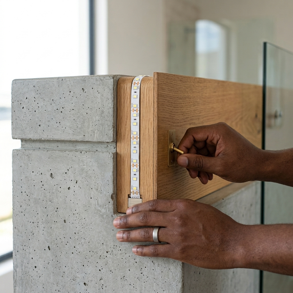 Hands installing a 12V 10 Metres LED Strip Light Reel on a wooden and concrete surface.