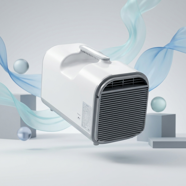 Smart Remote Control Portable Air Conditioner 220V with a compact design and carry handle suspended in air.