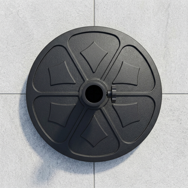 Round Outdoor Umbrella Base with Adjustable Pole Holder shown in black design on a tiled surface.