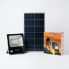 100W Solar LED Floodlight - Panel & Remote Kit with solar panel, floodlight, and box on a white background.