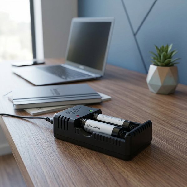 Double Battery Charger on a wooden desk with a laptop and a plant in the background, charging two Li-ion batteries.