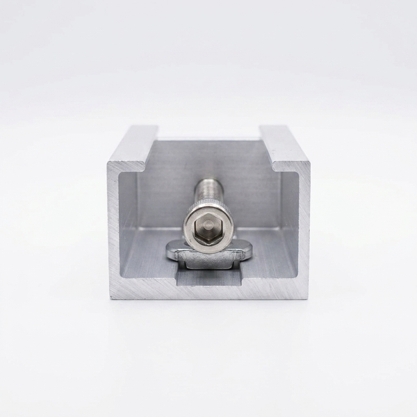 Universal Middle & End Bracket showing aluminum construction and attached bolt for solar panel mounts.
