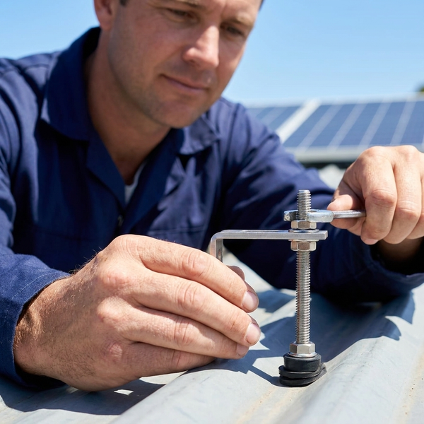 Hanging Bolt installation process on a roof by a technician with solar panels in the background.