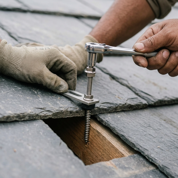 Hands using a wrench to install a Hanging Bolt for securing solar panel mounting systems on a roof.