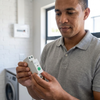 Man examining a 63A 220V WiFi Switch in a home setting, displaying a DIN-rail design and app connectivity features.