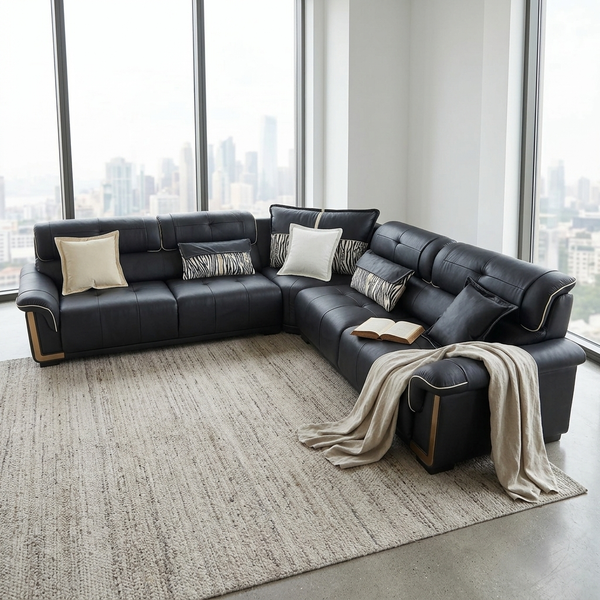 L-Shaped Sectional Sofa with plush cushions and decorative pillows in modern living room setting.