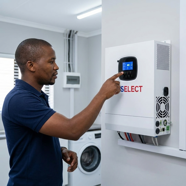 A person interacting with the N26 5.5KW 48V Parallel Hybrid Inverter display in a modern home setting.