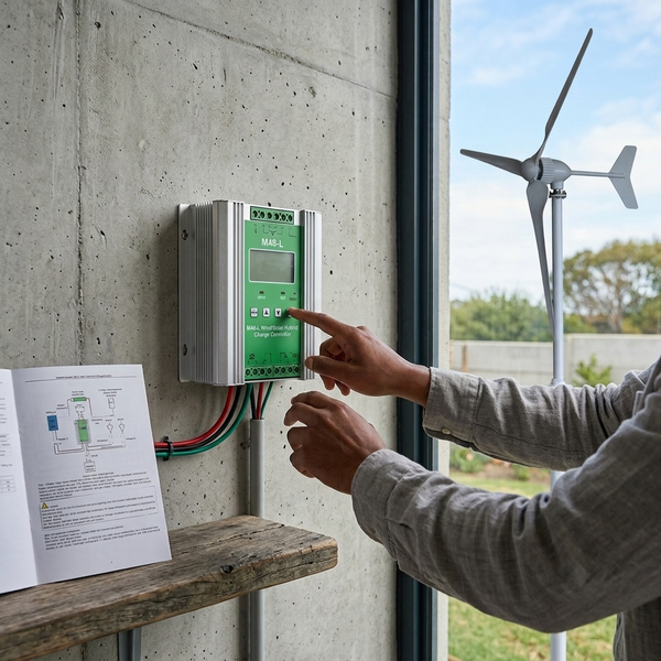 Person adjusting the 48V 1000W Wind Turbine and Solar MPPT Controller in front of a wind turbine.