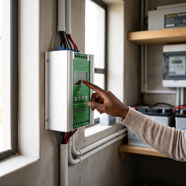 User interacting with a 24V 600W Wind Turbine and Solar MPPT Controller mounted on a wall.