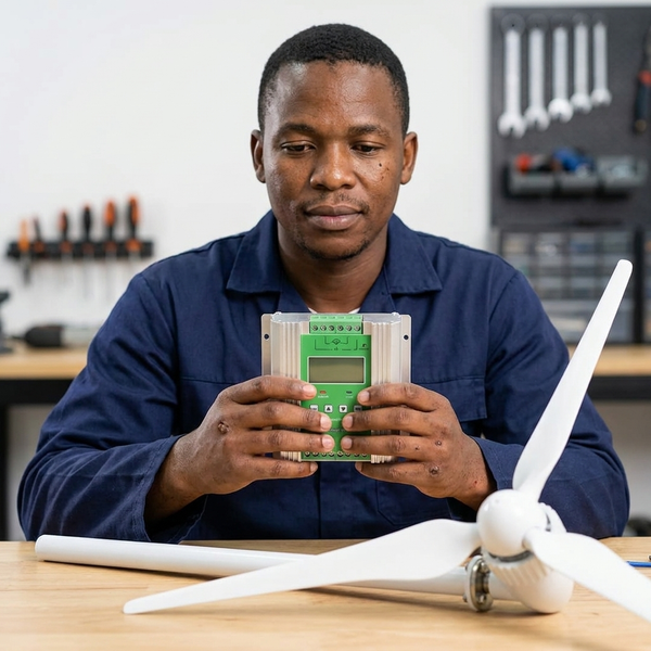 Man examining the 24V 600W Wind Turbine and Solar MPPT Controller and turbine components on a workbench.