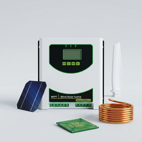2000W 48V Wind Turbine Controller for Lithium with MPPT technology, solar panel, and wiring components.