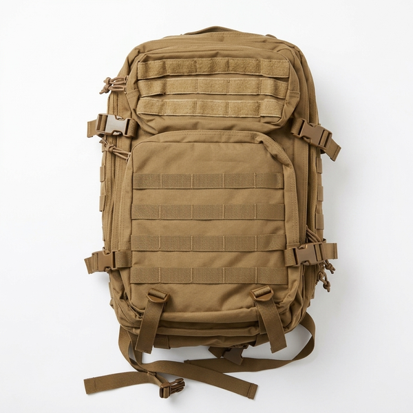 Tactical Coyote Brown Rucksack shown from above with multi-compartment design and adjustable straps.