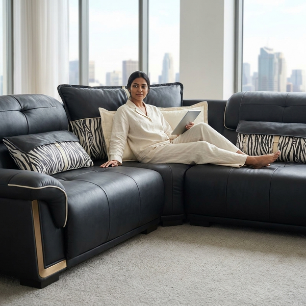 L-Shaped Sectional Sofa featuring broad cushioned seats and modern designs for comfortable lounging.