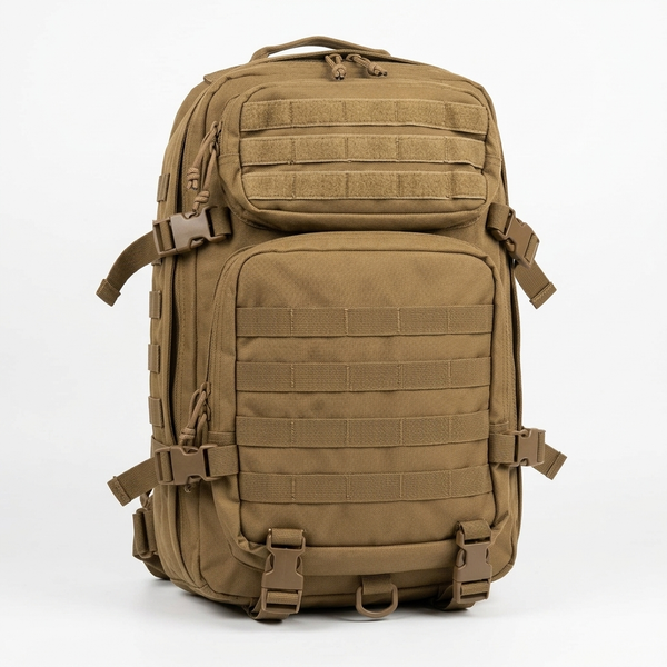 Tactical Coyote Brown Rucksack showcasing multi-compartment design and adjustable straps for outdoor activities.