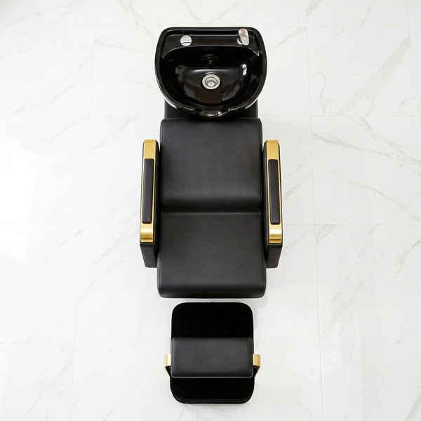 Professional Salon Shampoo Chair with Wash Basin & Footrest on a marble floor.