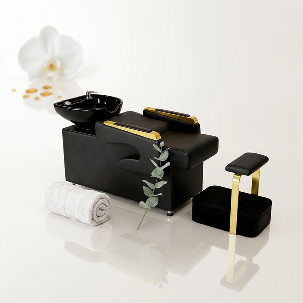 Professional Salon Shampoo Chair with Wash Basin & Footrest featuring a sleek design, footrest, and towel.