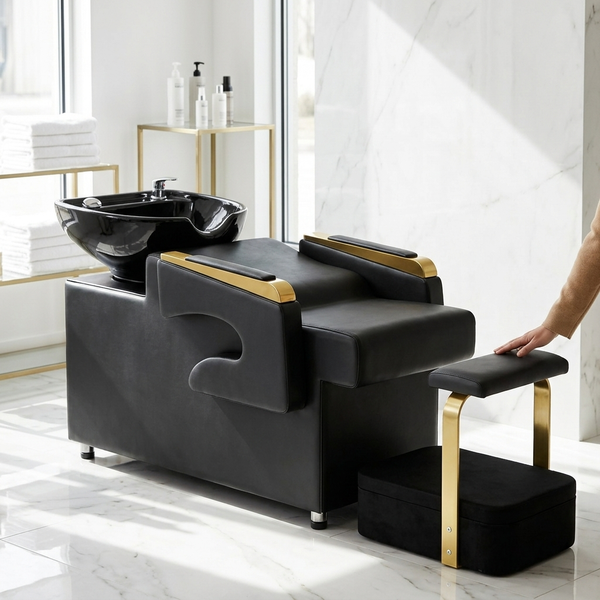 Professional Salon Shampoo Chair with Wash Basin & Footrest in modern salon setting, featuring a padded seat and footrest.
