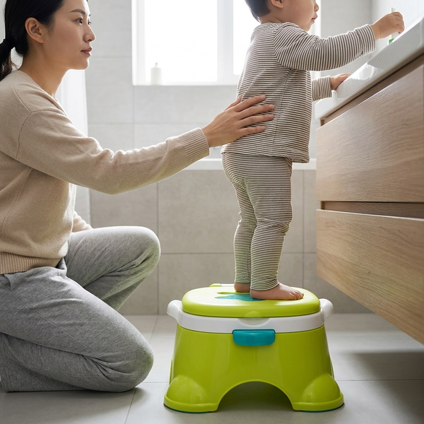 Toddler using a green Musical Toddler Potty Training Chair with adult assisting in a bathroom setting.