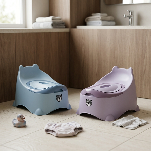 Kids Potty Training Seat with Removable Insert in blue and purple colors displayed in a bathroom setting.