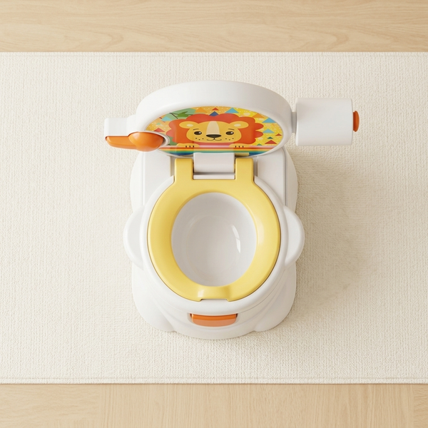 Childrens Potty Training Toilet with Backrest top view showing lion design, raised backrest, and side toilet-paper holder.