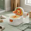 Childrens Potty Training Toilet with Backrest in a bright design with lion graphic and toilet paper holder.
