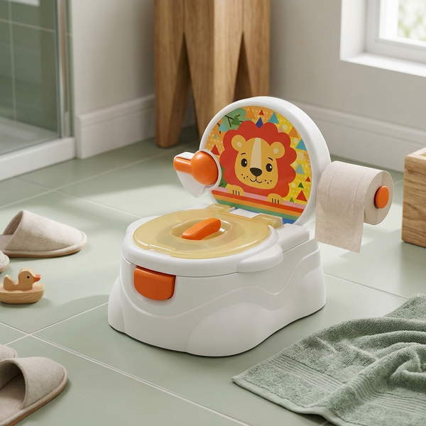 Childrens Potty Training Toilet with Backrest in a bright design with lion graphic and toilet paper holder.