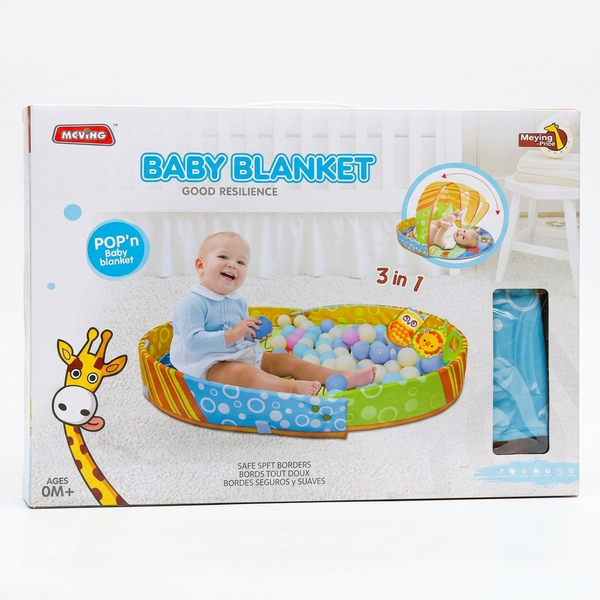 3-in-1 Baby Activity Play Gym & Ball Pit packaging featuring a baby and colorful balls.