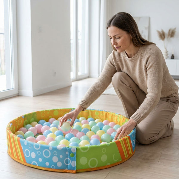 A mother playing with colorful balls in a 3-in-1 Baby Activity Play Gym & Ball Pit, creating a fun environment for her baby.