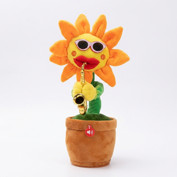 Dancing Musical Sunflower Plush Toy with Saxophone in a pot, playing music with wiggling movements.
