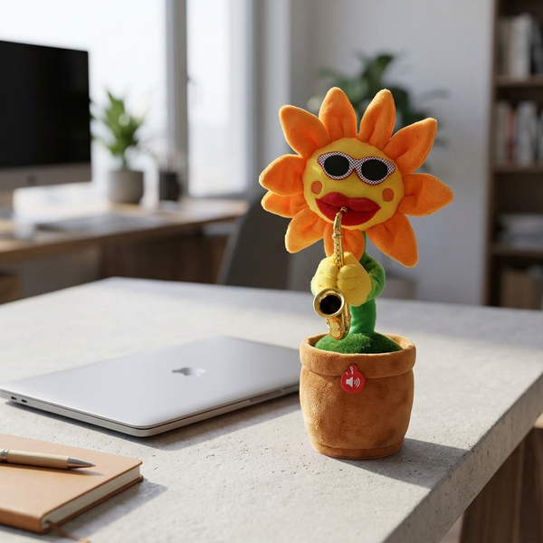 Dancing Musical Sunflower Plush Toy with Saxophone on desk with laptop and plants in the background.