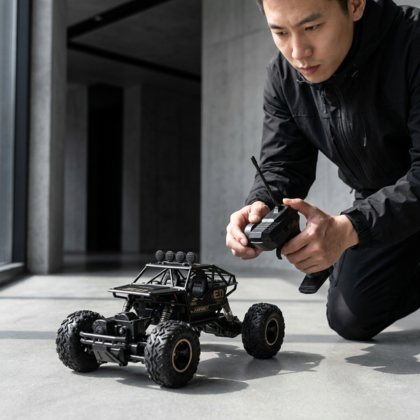 A person operating a 4WD Remote Control Off-Road Rock Crawler Truck with a remote control in a modern indoor setting.