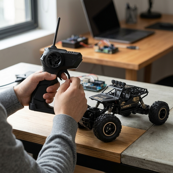 Person controlling a 4WD Remote Control Off-Road Rock Crawler Truck with a pistol-grip remote in a home setting.