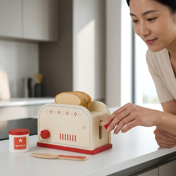 Woman using the Wooden Pop-Up Toaster Playset with Breakfast Accessories in a modern kitchen.