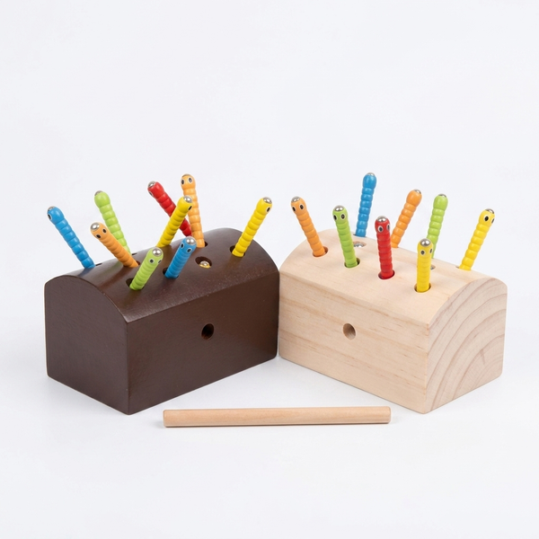 Wooden Magnetic Worm Catching Game Educational Toy with colorful magnetic worms and wooden log.