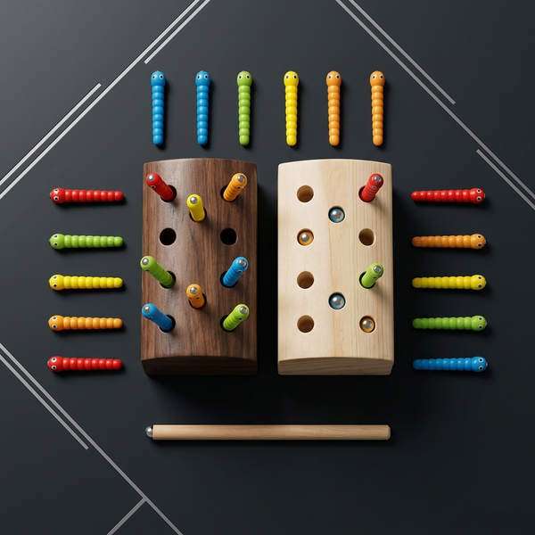 Wooden Magnetic Worm Catching Game Educational Toy with colorful magnetic worms and wooden log.