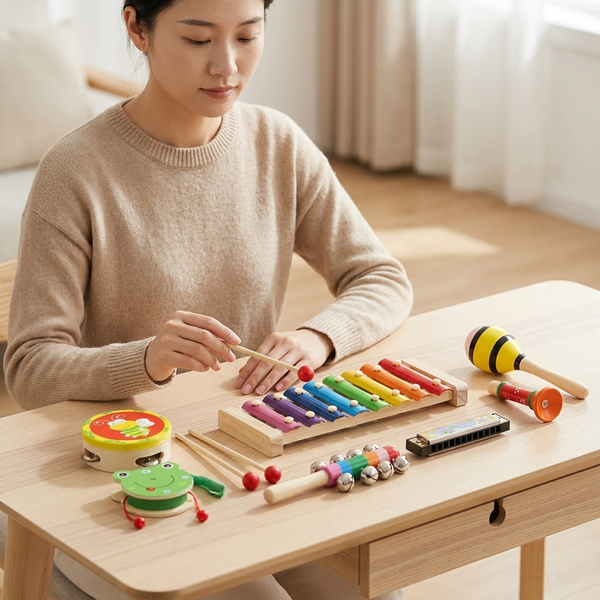Wooden Musical Instrument Set for Kids being played with colorful percussion instruments on a table.