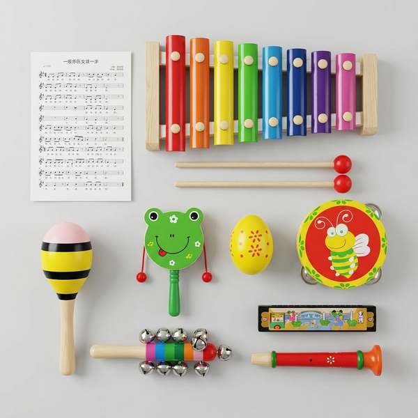 Wooden Musical Instrument Set for Kids featuring colorful percussion instruments and music sheet.
