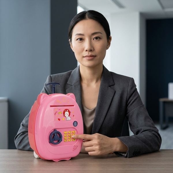A woman demonstrating the Kids Electronic Luggage Piggy Bank with Password Lock on a table.