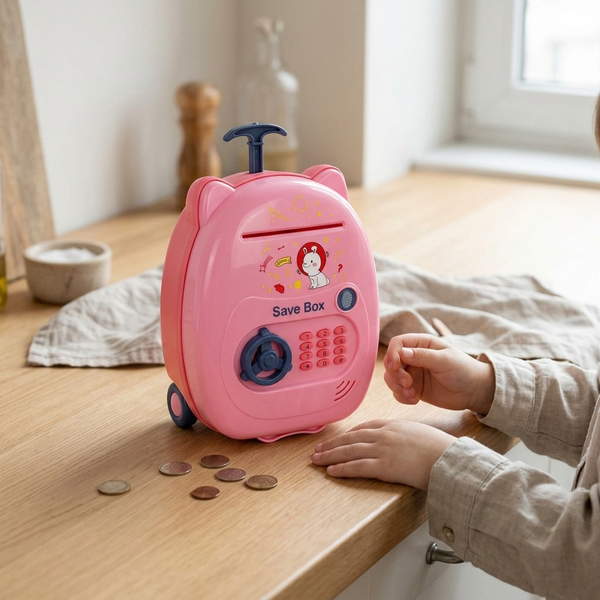Kids Electronic Luggage Piggy Bank with Password Lock on a table with coins nearby, encouraging saving habits.