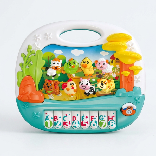 Interactive Farm Animal & Piano Musical Toy featuring colorful buttons and piano keys for toddler learning.
