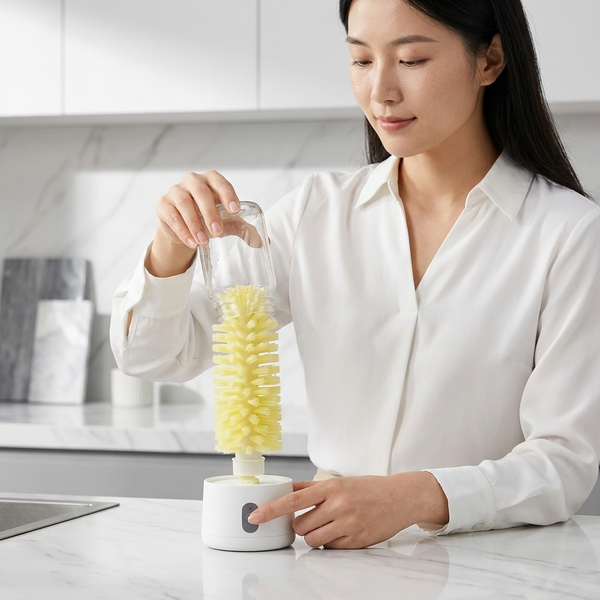 Woman using Electric Cleaning Brush with Rotating Brush Head for effective cleaning.
