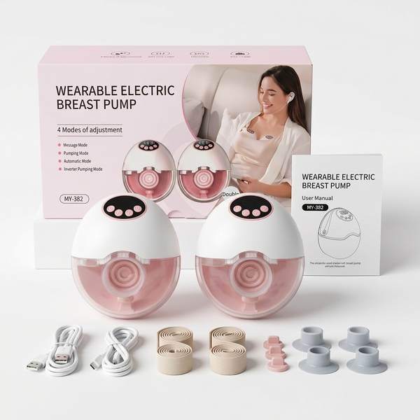 MV-362 Wearable Electric Breast Pump with two units, USB cables, straps, and user manual in a compact design.