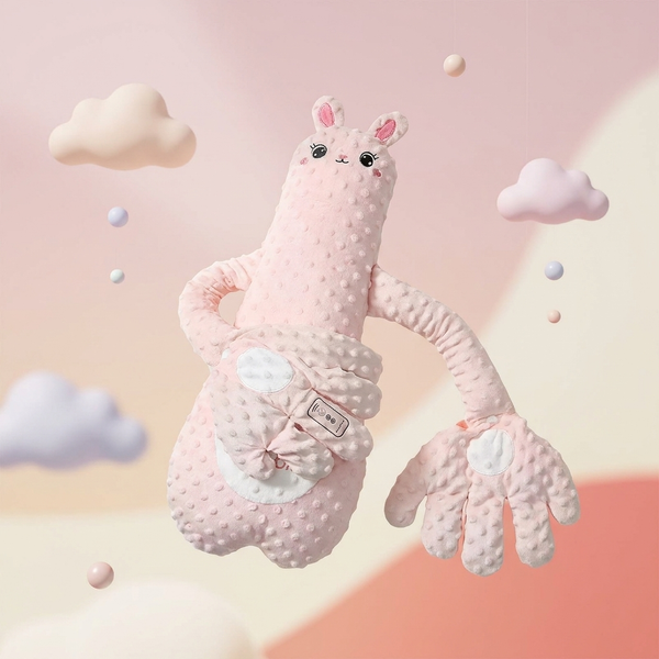 Bunny-Shaped Baby Soothing Patting Pillow in soft pink, featuring bunny ears and cuddly design for nurseries.