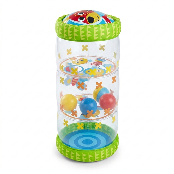 Inflatable Baby Crawling Roller Toy with Rattle Balls in colorful design featuring clear panels and internal rattle balls.