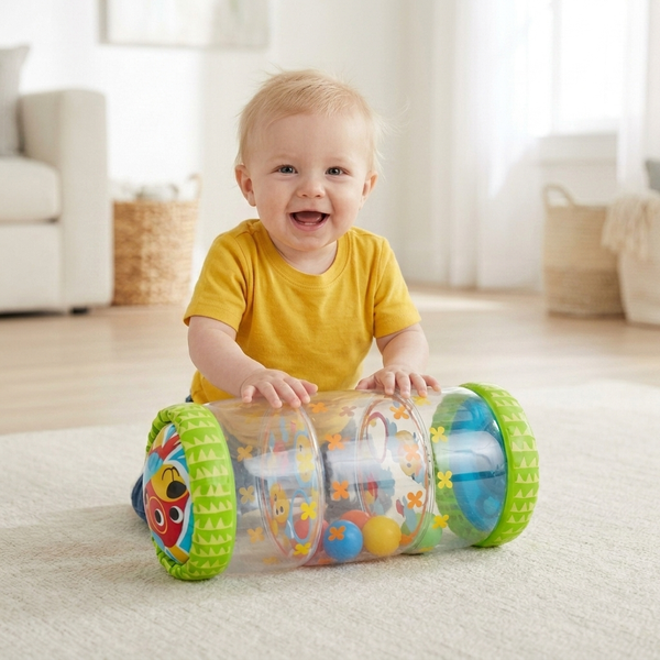 Smiling baby playing with Inflatable Baby Crawling Roller Toy with Rattle Balls on living room floor.