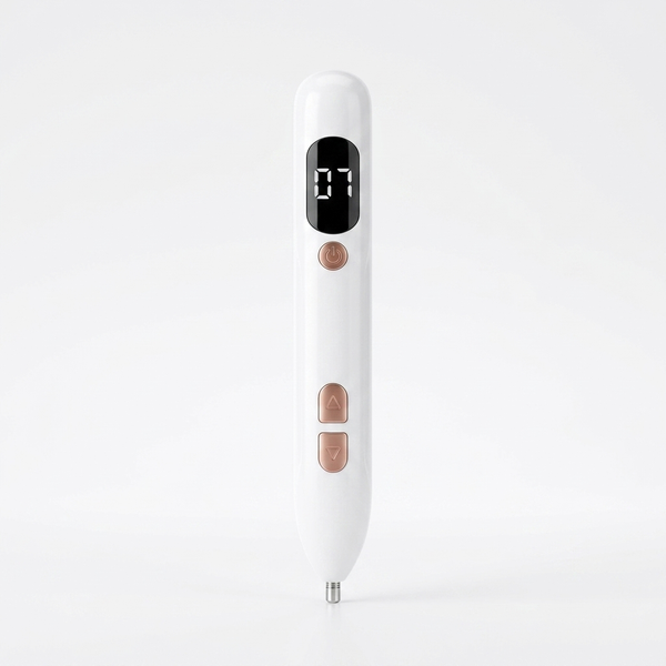 Electric Skin Care Pen with Interchangeable Needle Tips displaying digital screen and controls.