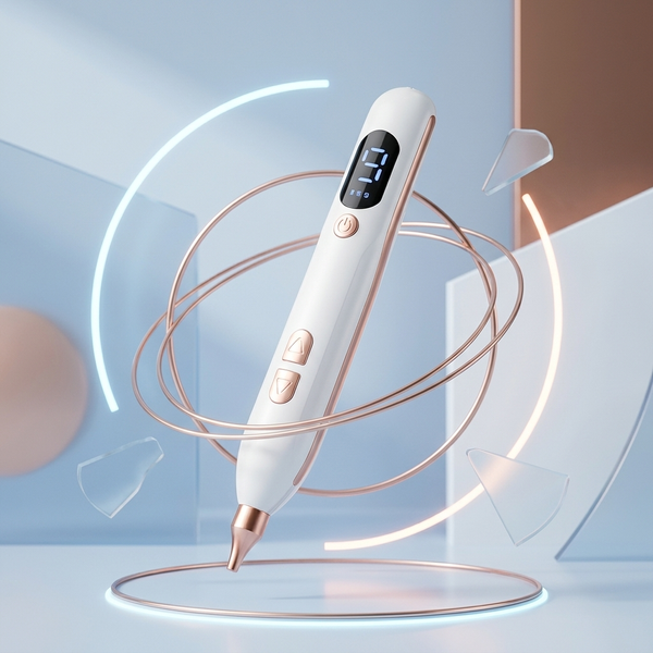 Electric Skin Care Pen with Interchangeable Needle Tips displayed with digital screen and modern design.