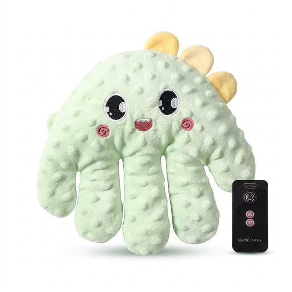 Plush Electric Soothing Dinosaur Massager Cushion & Remote with cute dinosaur design and wireless remote control.