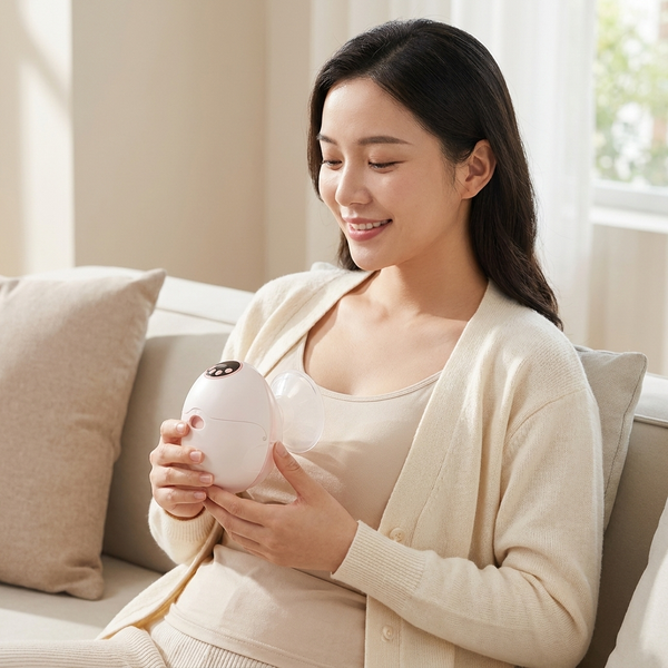 MV-362 Wearable Electric Breast Pump in use by a smiling woman sitting on a couch with a cozy atmosphere.