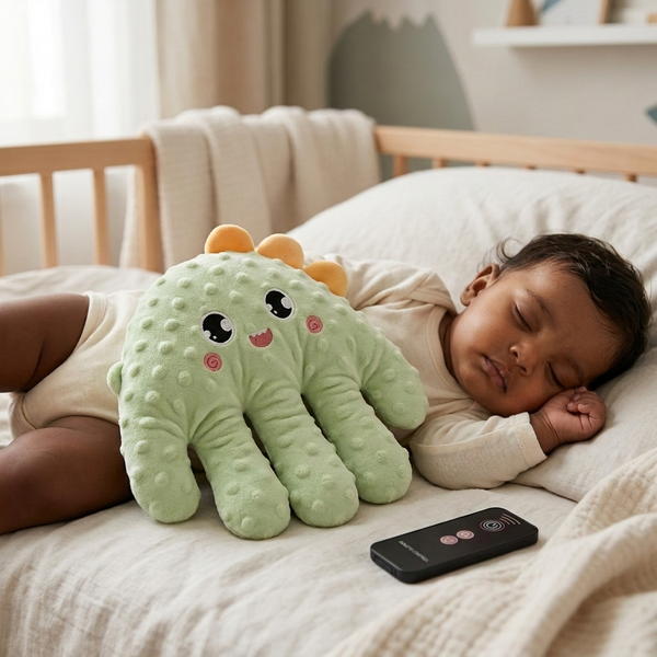 Plush Electric Soothing Dinosaur Massager Cushion & Remote beside a sleeping baby on a bed.